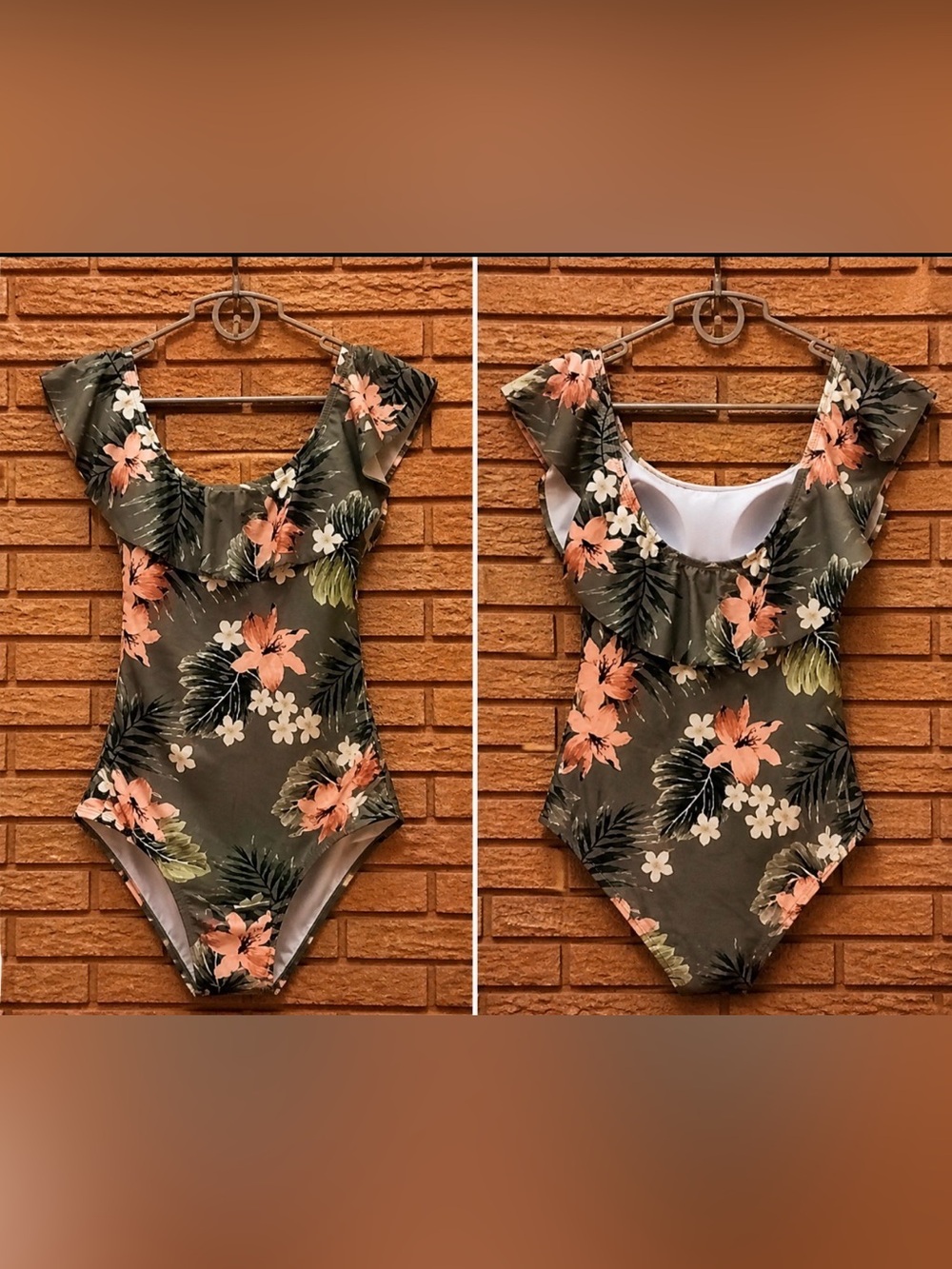 Floral Ruffle One-Piece Swimsuit - Olive Green